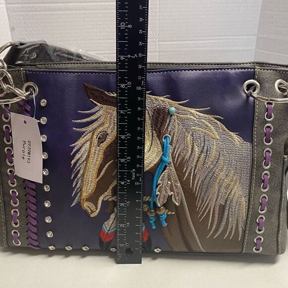 Justin West Western Purse Tooled Laser Cut Floral Design  Concealed Carry Western Horse Embroidered Satchel‎ Purple 13X4.5X8.5 Tassel New